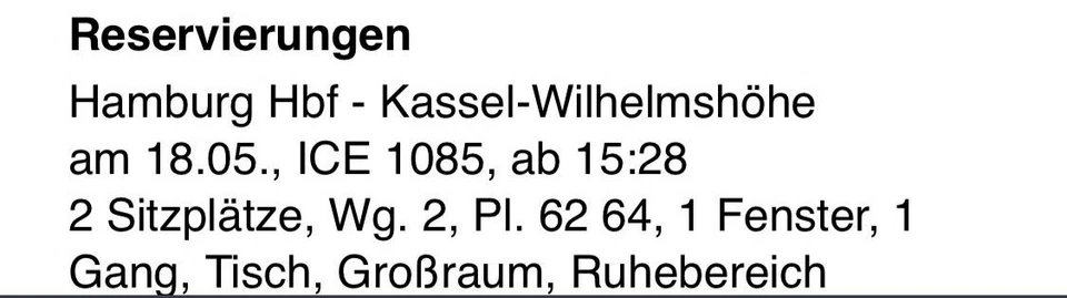 Zugfahrkarte HH-Bebra 18.05.2025 Abfahrt 15.28 Uhr  2 Personen  - Bild 1 von 1