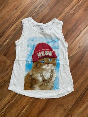 Critter Sleeveless Tee Justice Girl white t-shirt cat in hat kitty sz 7 gold LOL - Image 1 of 4
