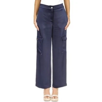 Pantalones cargo Michael Kors para mujer de satén liso XL azul medianoche tiro alto pierna ancha Foto 1 de 4