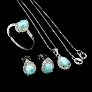 Silver Larimar Earring Necklace Ring Genuine Gems Solid Sterling Size M US 6.25 - Picture 1 of 24