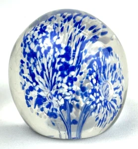 Vintage Glass Paperweight Blue & White Flower Burst - Picture 1 of 3