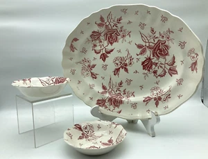 English Staffordshire Tudor Roses Oval Serving Platter & 2 Dessert Bowls Red  - Picture 1 of 8