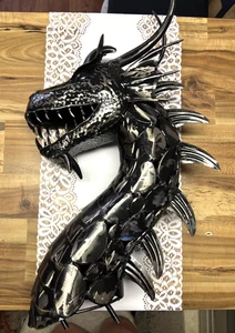GROßE Metall Drachen Skulptur Handarbeit geschweißter Drachenkopf Büste 28" x 17" x 7" - Bild 1 von 6