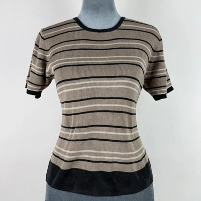 Vintage 90s Pendleton Womens Small Beige Black Striped Silk Knit Top Blouse - Image 1 of 4