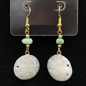 Sand Dollar & Iridescent Green Shell Bead Earrings by Neanie-Bot - Picture 1 of 1