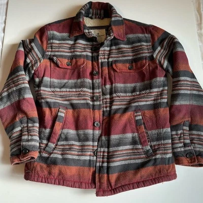 American Eagle Men’s Sherpa Shacket Red Orange Black Gray Striped Size M EUC - Image 1 of 4