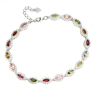 925 Sterling Silver Bracelet Marquise Tourmaline 5x2.5mm Gemstone Jewelry 7.5in - Picture 1 of 13