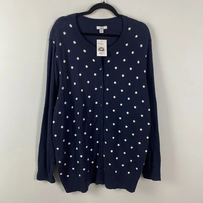 Croft & Barrow 开衫毛衣尺寸 1X 海军蓝白色圆点棉混纺 — 第 1/4 张图片