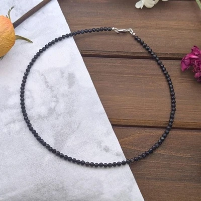 Collares de cuentas redondas de piedras preciosas facetadas obsidiana negra de 3 mm A++ de 18"" para hombres y mujeres Foto 1 de 4