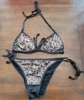 NUEVO SIN ETIQUETAS H&M Lentejuelas 14 Negro Plata Conjunto de Natación Lado Corbata Bikini Parte Superior Parte Inferior 126780 Foto 1 de 2