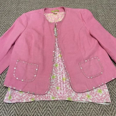 Blazer clásico Sigrid Olsen 12 rosa con cuentas lentejuelas mezcla lino con camiseta sin mangas a juego Foto 1 de 4