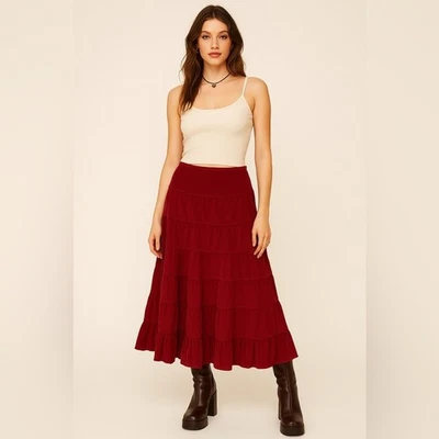 Maxi falda vintage Y2K Dimri roja profunda de pana en capas para mujer pequeña con volantes de algodón Foto 1 de 4