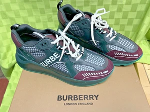 Burberry Suede & Check Mesh Green/Burgundy Low Top Sneakers men's size 44 USA 11 - Picture 1 of 24