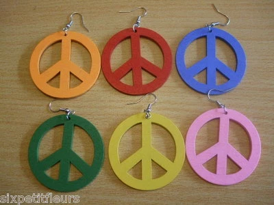 XL retro / 60s / 70s flower power CND wooden ban the bomb earrings PEACE hippy