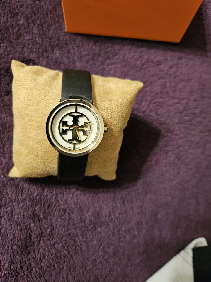 Tory Burch Women's 28mm Gold Reva Black Italian Leather Strap Watch TRB4008