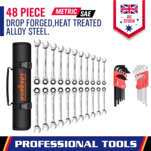 48-Piece Ratchet Spanner Set Hex Key Metric SAE Allen Key Tool Rolling Pouch - Picture 1 of 10