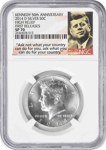2014-D Argento Kennedy Half SP70 NGC 50° Anniversario Altorilievo Prime Uscite^ - Foto 1 di 2