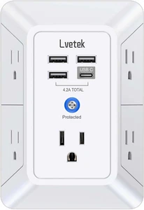 Überspannungsschutz-Steckdosenleiste mit 5 Steckdosen und 4 USB-Anschlüssen, ETL-gelistet, weiß - Bild 1 von 8