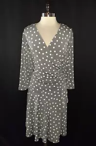 NEW ROBBIE BEE Plus Sz 2X A-Line Dress Grey White Polka Dots 3/4 Sleeve Stretch - Picture 1 of 6
