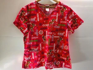 Rudolph Red Nose Reindeer Christmas Red Scrub Top Shirt Women’s Size Med. V-Neck - Picture 1 of 9