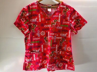 Rudolph Red Nose Reindeer Christmas Red Scrub Top Shirt Women’s Size Med. V-Neck - Image 1 of 4