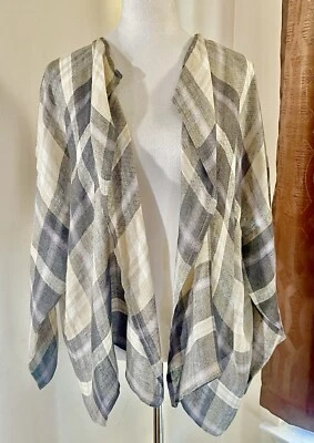 Jaqueta cardigã Eskandar designer vintage 100% linho envoltório, creme e preto xadrez - Imagem 1 de 4