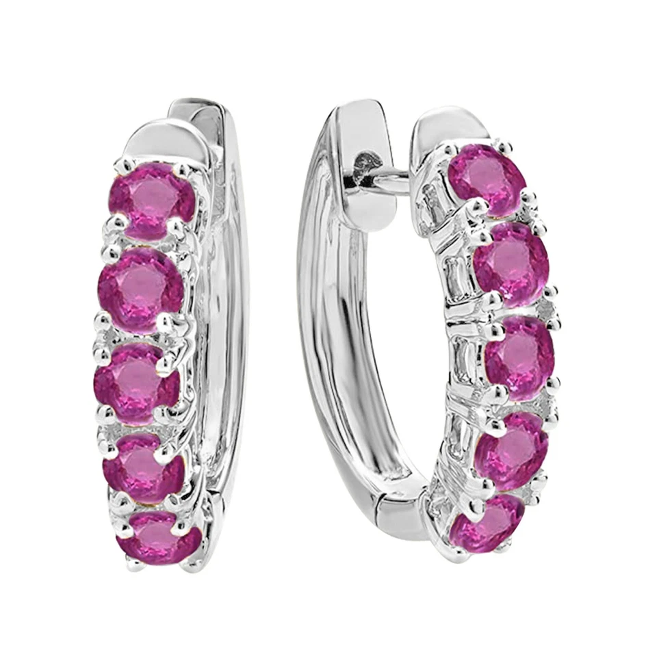 1.00 ct 14K White Gold Plated Silver Pink Sapphire Huggies Hoop Earrings - Image 1 of 1