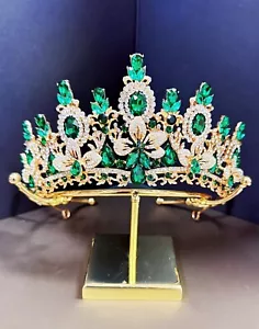 Princess Flower Crown, Floral Tiara, Birthday Party Crown, Green Crystal Tiara - Picture 1 of 8
