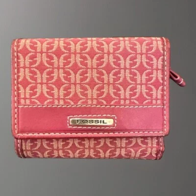 Cartera Fossil Triple Logo Firma Tela Granate Borde Cuero *LEER* Foto 1 de 4