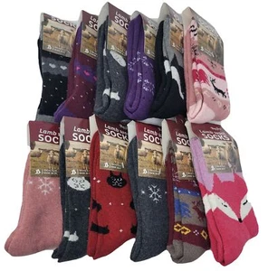 Women Lamb Wool Crew Socks, Warm Winter Heavy Duty, ASSORTED PRINTS, 12 PAIRS - Picture 1 of 1