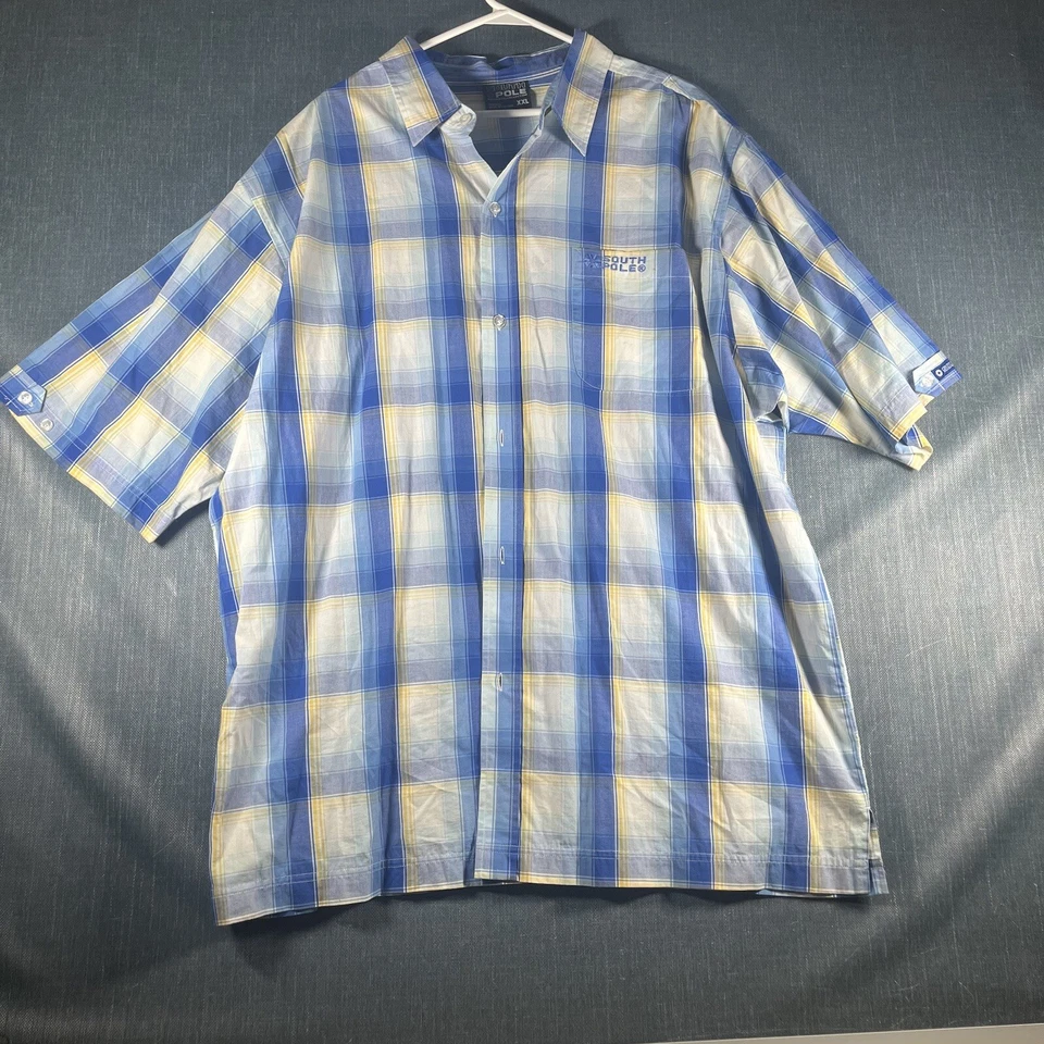 Camisa Polo Sur Para Hombre Azul Amarillo A Cuadros Abotonada Manga S Talla 2XL Algodón Y2K Foto 1 de 4