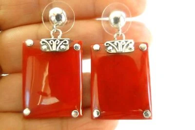 Rectangle Red Fossil Coral 925 Sterling Silver Dangle Drop Stud Post Earrings - Image 1 of 3