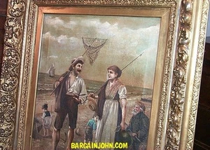 Antique Oil Painting of Family at Seashore Edge - Picture 1 of 6