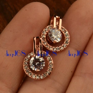 18K Rose Gold Filled Double Circle Round Crystal Micropave Stud Post Earring HG4 - Picture 1 of 5