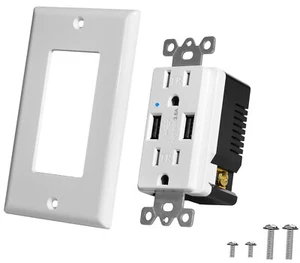 3.6A Dual USB Ports Wall Charger Outlet 15AMP Duplex Receptacle with White Plate - Bild 1 von 12