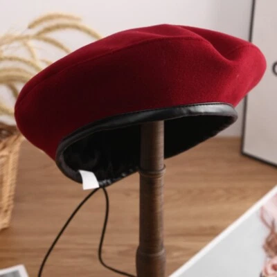 Hombres Imitación Lana Militar Boina Cuero Borde Ejército Sombrero Artista Retro Gorro Gorra Sólido Foto 1 de 4