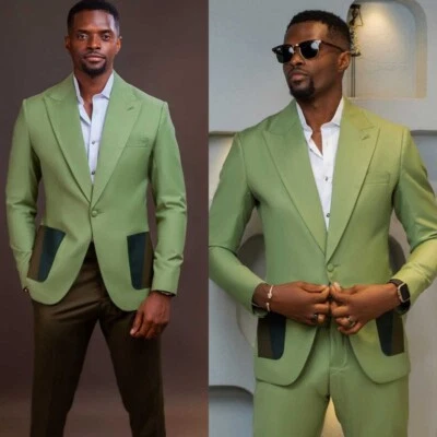 Trajes lisos verdes para hombre ajuste regular 2 piezas bolsillos negros para boda de negocios Foto 1 de 4