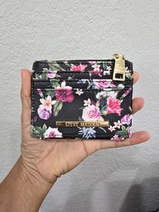 Steve Madden Floral Zip Coin Pouch w/ ID Window - Keychain Wallet - Black Multi - Bild 1 von 3