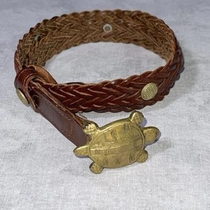 Women’s Brown Leather Braided Belt Brass Turtle Buckle Boho Artisan Medium - Picture 1 of 8