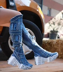 Denim Boots Shoes, Handmade Women's Sports Boots,Women's Sexy Boots,Birthday Gif - Picture 1 of 6