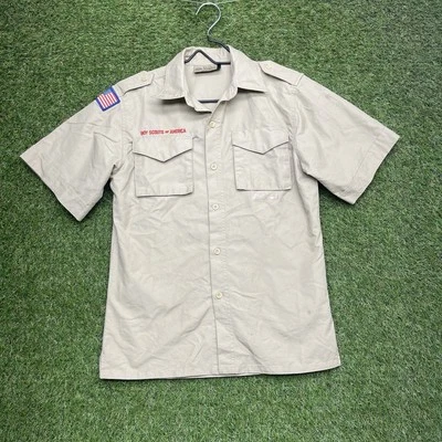 Boy Scouts of America Shirt Youth Large BSA Tan Poly Microfiber Sewn USA Patch - Image 1 of 4