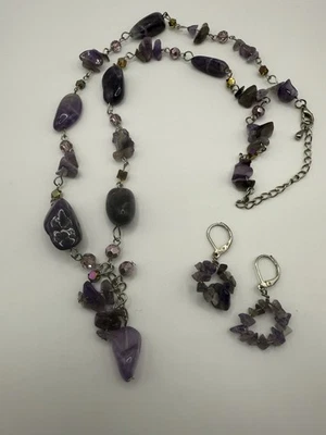 "Juego de collar y pendiente con cuentas de amatista tono plata perforado 24"" artesanal boho" Foto 1 de 4