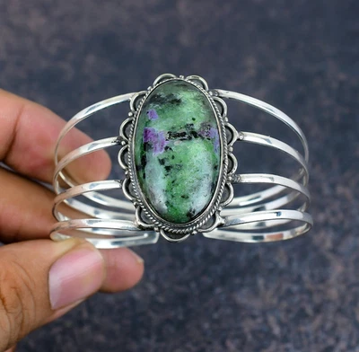 Ruby Zoisite Gemstones Handmade 925 Silver Bracelet Jewelry Gifts For Love - Image 1 of 4