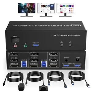 HDMI + 2 Displayport 3 Monitor KVM Switch USB 3.0 for 2 Computers, 4K@60Hz Tr... - Picture 1 of 8