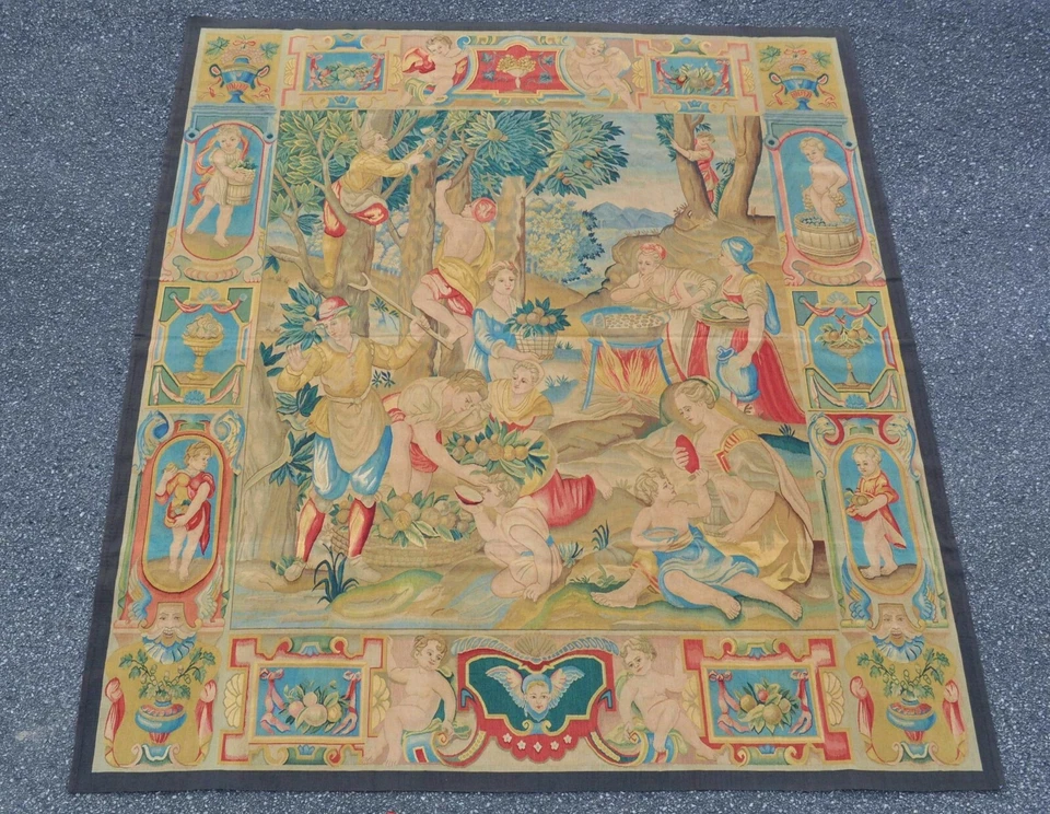 Wool Aubusson Harvest Tapestry Handwoven French Gobelins Weave Wall Art 81x91 in - Image 1 of 4