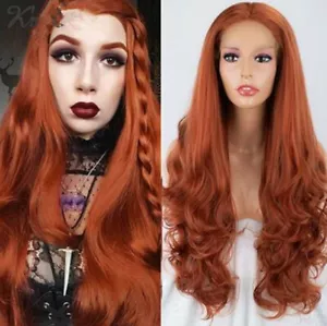 Women Copper Red Lace Front Wigs Orange Long Wavy Synthetic Natural Cosplay Wigs - Picture 1 of 9