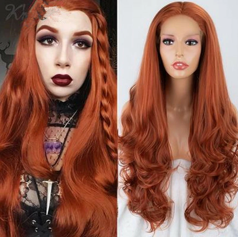 Women Copper Red Lace Front Wigs Orange Long Wavy Synthetic Natural Cosplay Wigs - Image 1 of 4