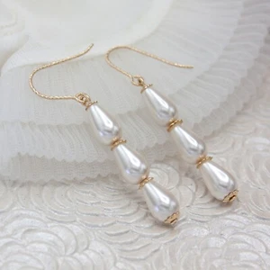 Pearl Drop Dangle 14k GF Gold Earrings, Wedding Bridal Jewelry, Dania De Bortoli - Picture 1 of 10