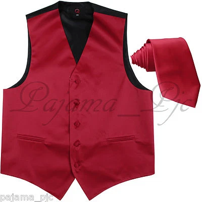 Fire Red XS - 6XL Solid Tuxedo Suit Dress Vest Waistcoat & Neck tie Wedding Prom - Image 1 of 3