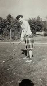 Woman With Golf Club Smiling At Camera Plaid Shorts B&W Photograph 3 x 4.75 - Picture 1 of 3